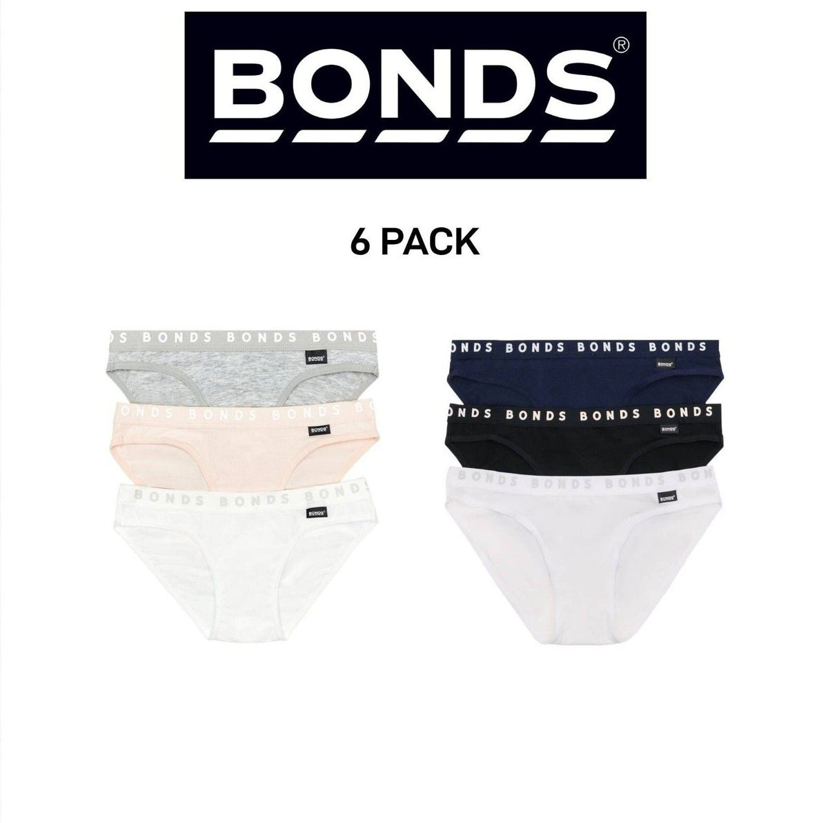 Bonds Girls Hipster Bikini Plain Comfortable Cotton Fabric 6 Pack UWPR3A