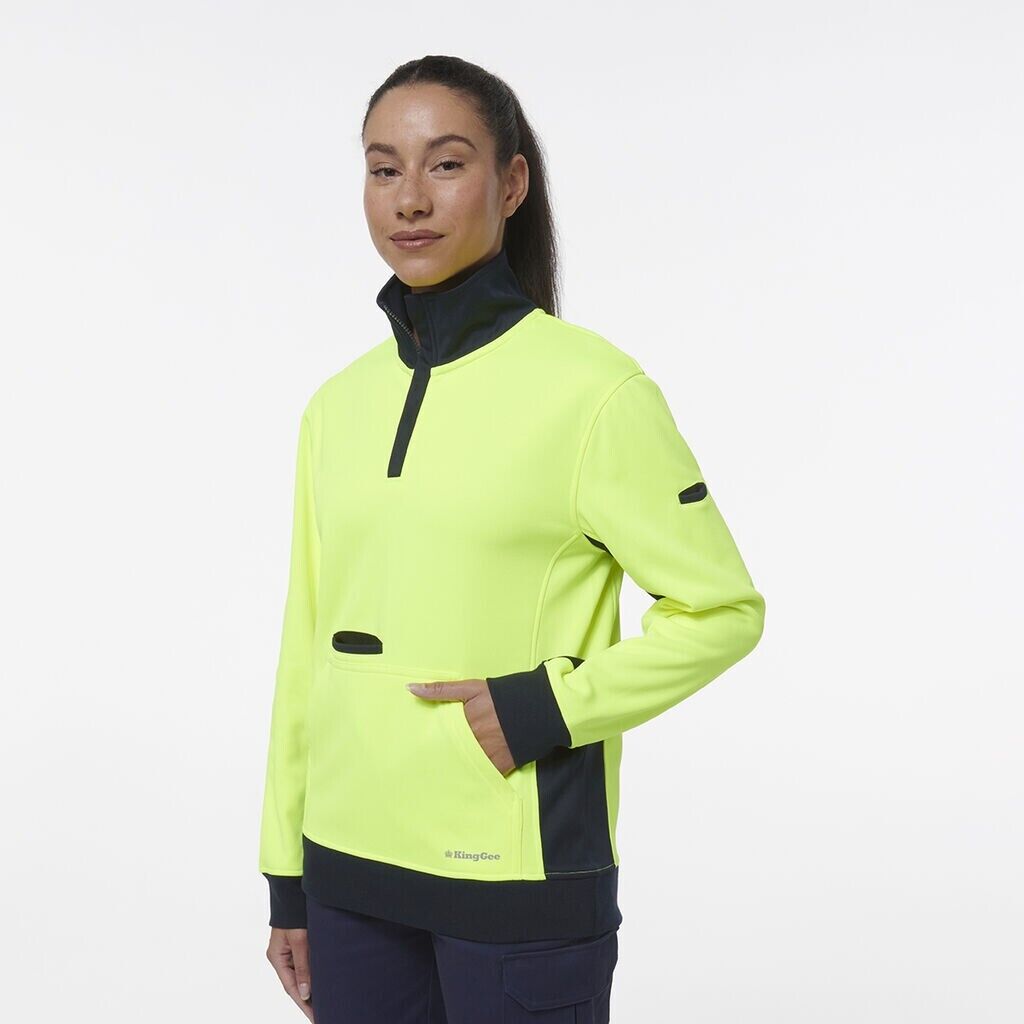 KingGee Womens Hi Vis Spliced Pocket Collar 1/4 Zip Fleece Safety Warmer K45008