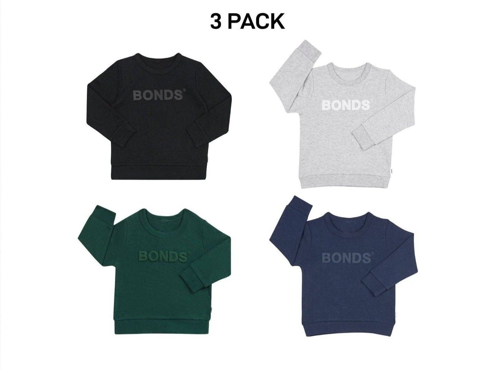 Bonds Kids Tech Sweats Pullover Soft Knitted Warm Cotton Poly Blend 3 Pack KVQTK