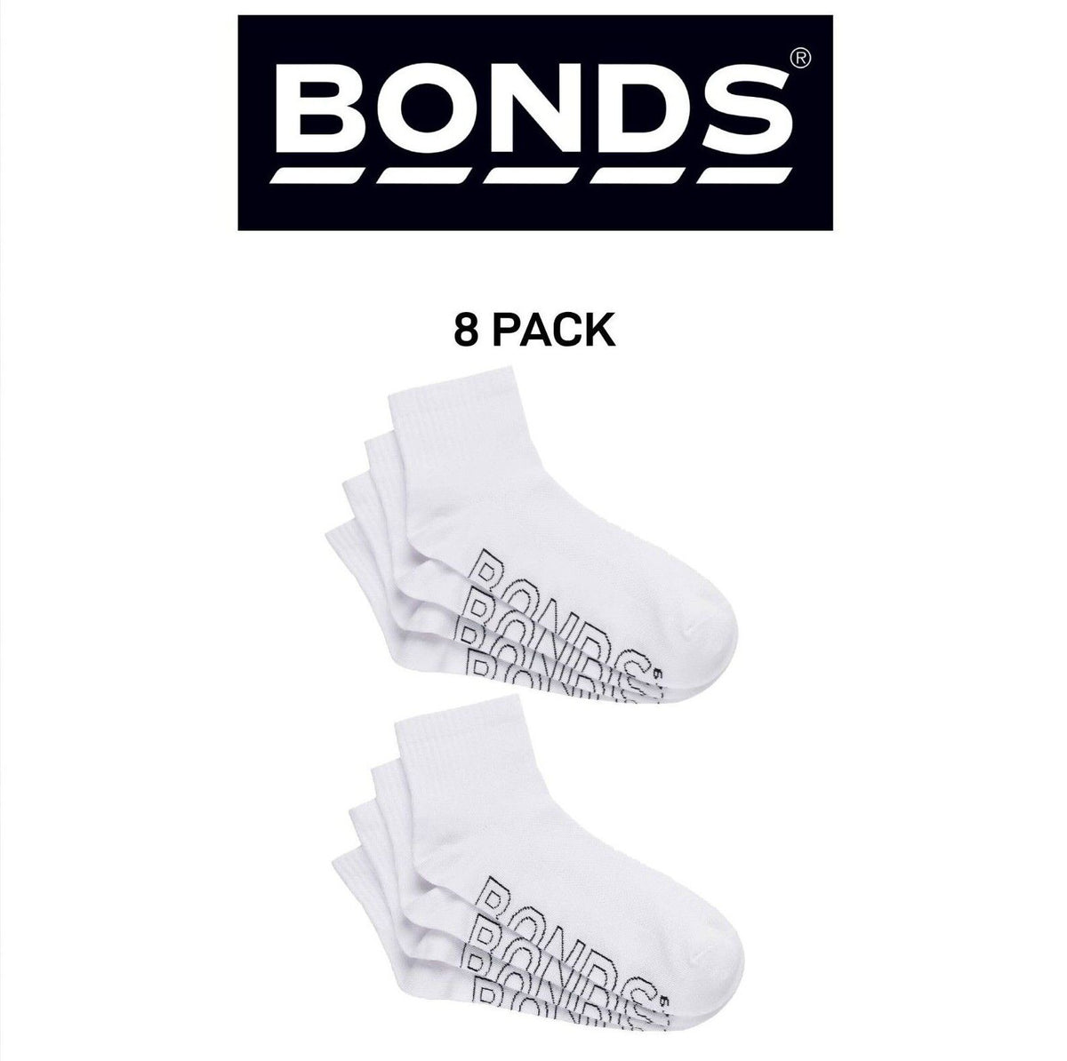 Bonds Mens Logo Lightweight Quarter Crew Comfy Aussie Cotton Sock 8 Pack SXMX4N