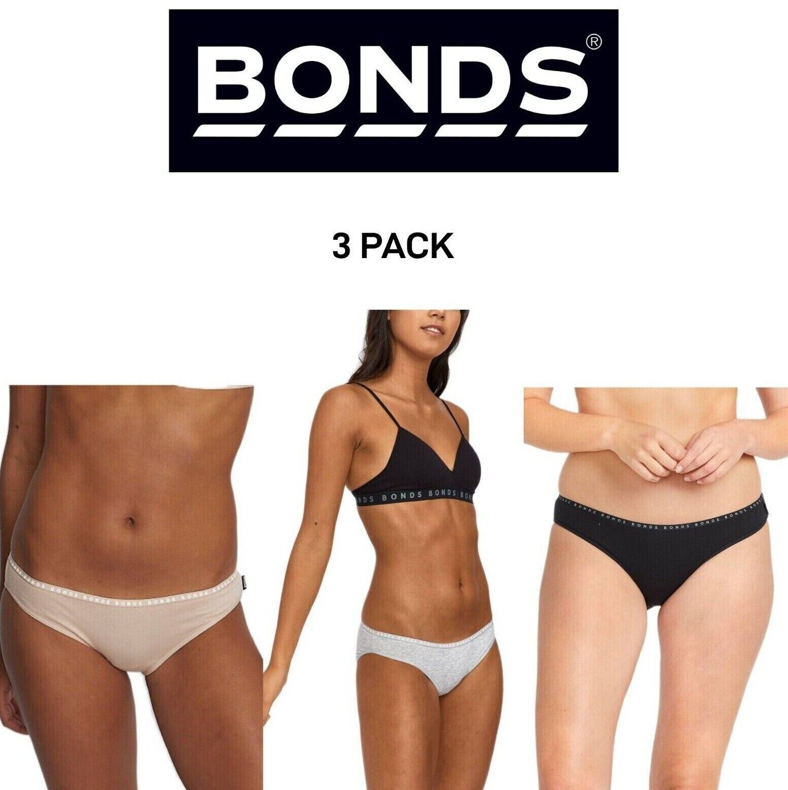 Bonds Womens Hipster Bikini Soft Cotton Low Rise Stretchy Waist 3 Pack WUFNA