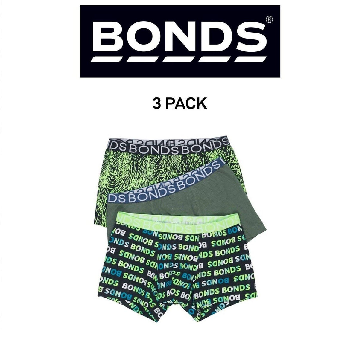 Bonds Boys Trunk Classic Branded Soft Elastic Stretch Waistband 3 Pack UXYJ3A