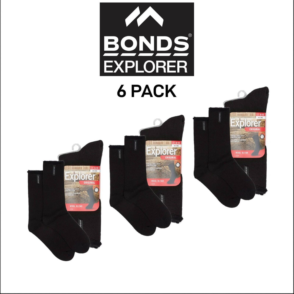 Bonds Explorer Original Wool Blend Crew Comfortable Dual Layer Sock 6 Pack S1138