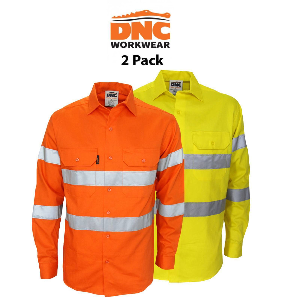 DNC Mens 2 Packs HiVis Biomotion Taped Workwear Safety Pockets Button Shirt 3977