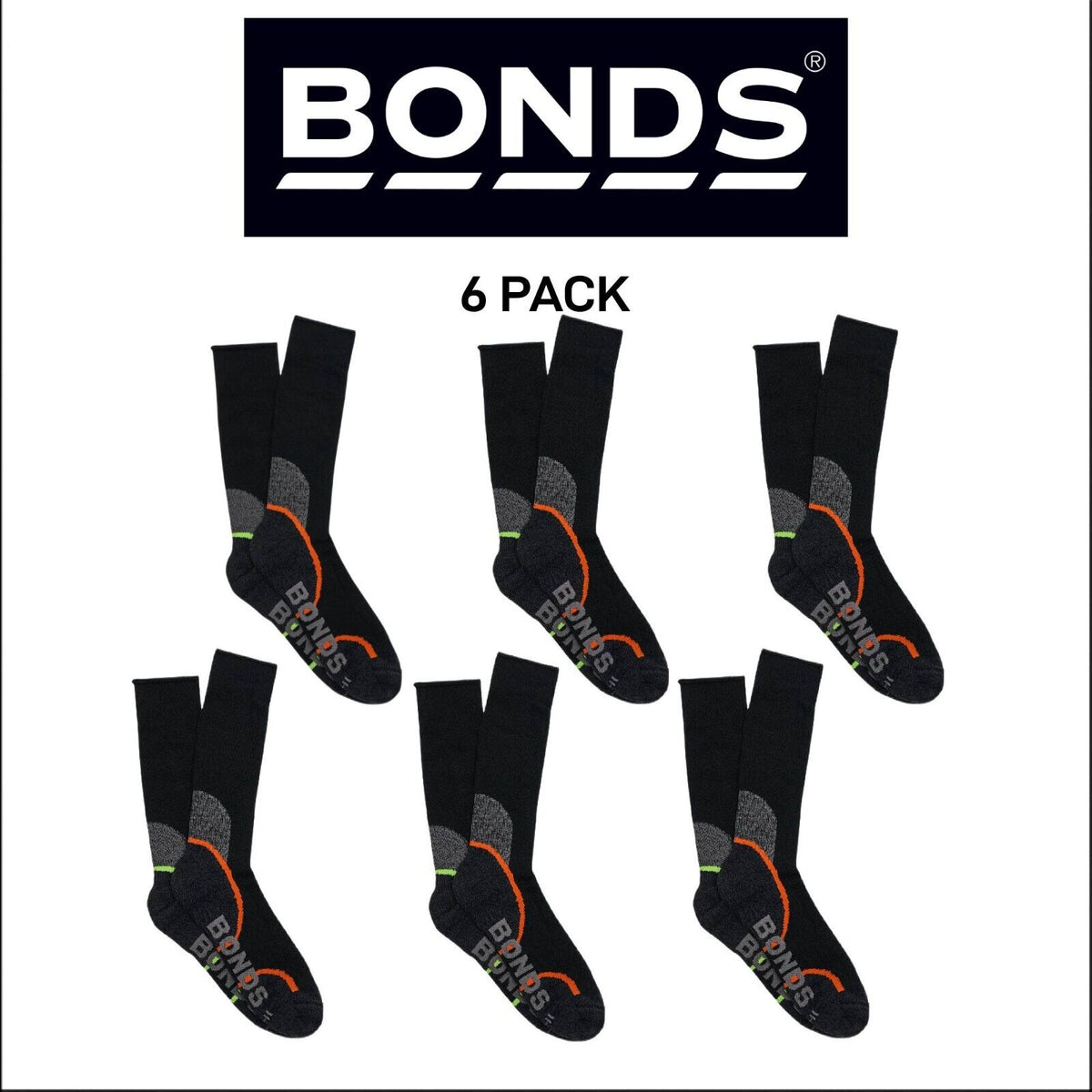Bonds Mens Acrylic Work Socks Ultimate Comfort Crew Black High 12 Pack S8697D