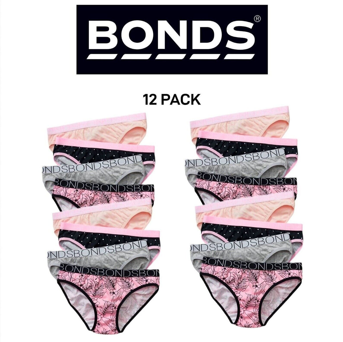 Bonds Girls Bikini Soft Breathable Cotton Comfortable Coverage 12 Pack UXYH4A