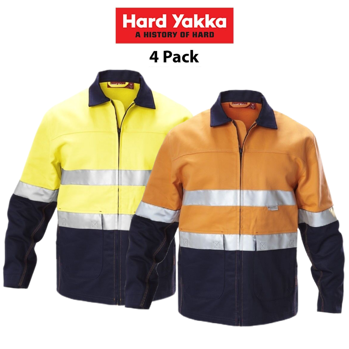 Hard Yakka Mens 4 Pack Foundations Hi-Vis 2 Tone Tape Cotton Work Jacket Y06545