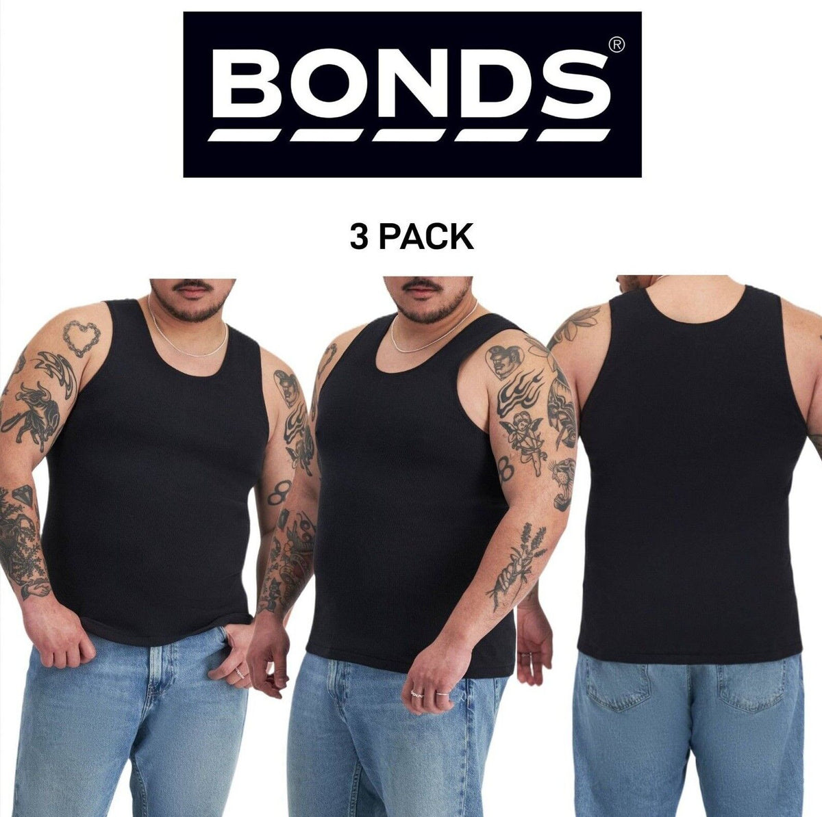 Bonds Mens Chesty Singlets Cotton Side Seamfree Comfortable Fit 3 Pack M757O
