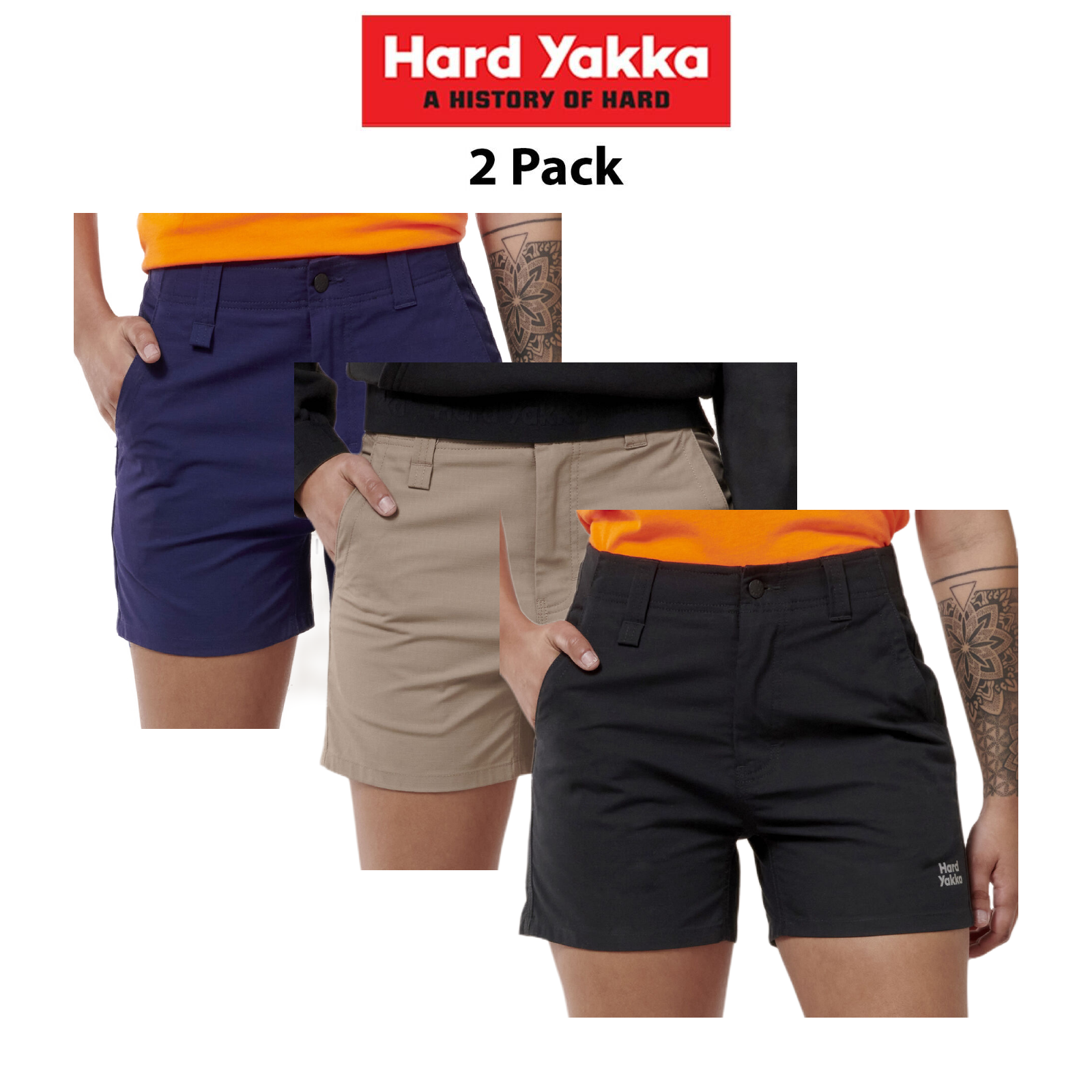 Hard Yakka 2 Pack Slim Fit Shorts Tough Work  Durable Raptor Short Y08497