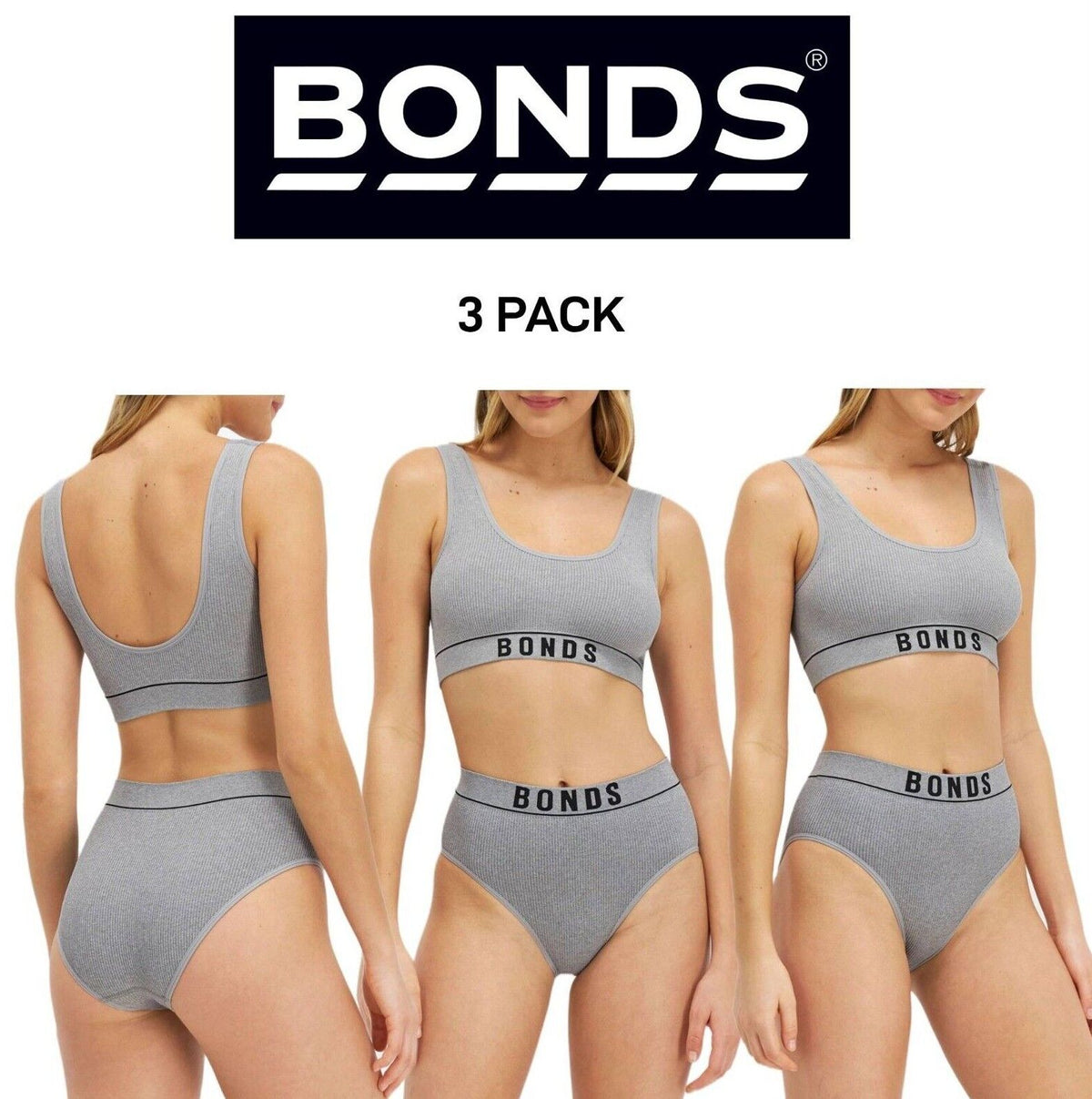 Bonds Womens Retro Rib Hi Hi Bikini Smooth Comfy Stretchable Knit 3 Pack WU8FA