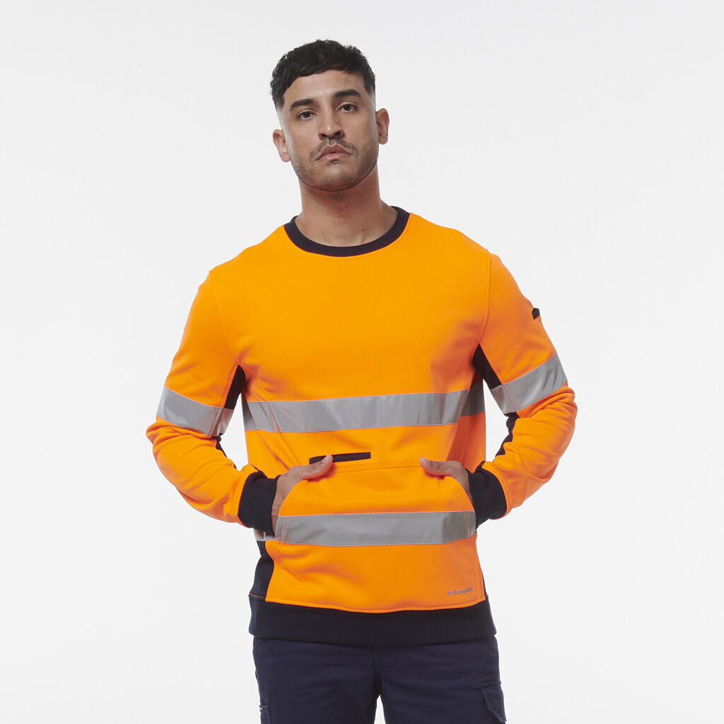 KingGee Mens Hi Vis Reflective Safety Spliced Work Crew Neck Fleece K55058-Collins Clothing Co