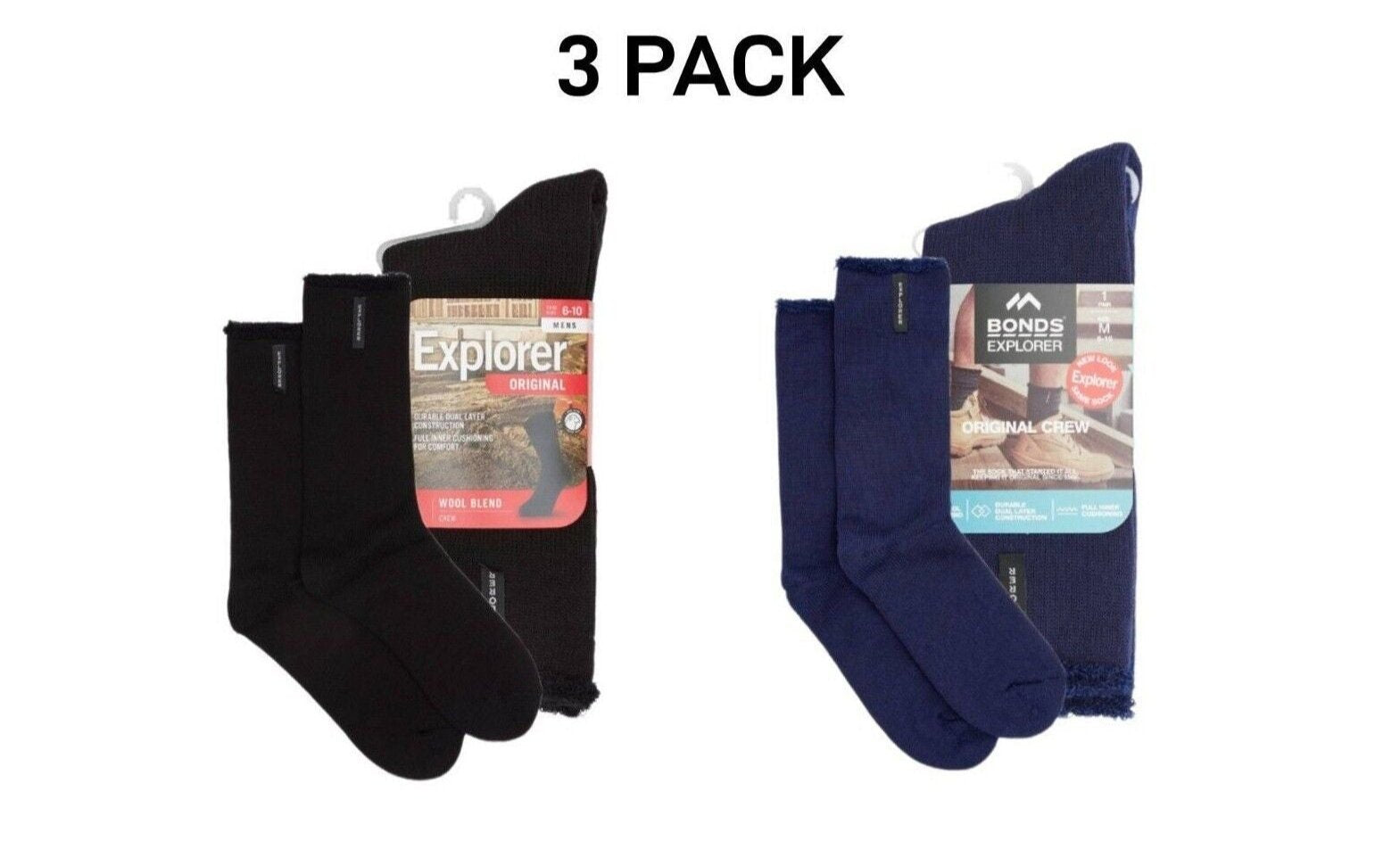 Bonds Explorer Original Wool Blend Crew Soft Cushioned Soles Sock 3 Pack S1138