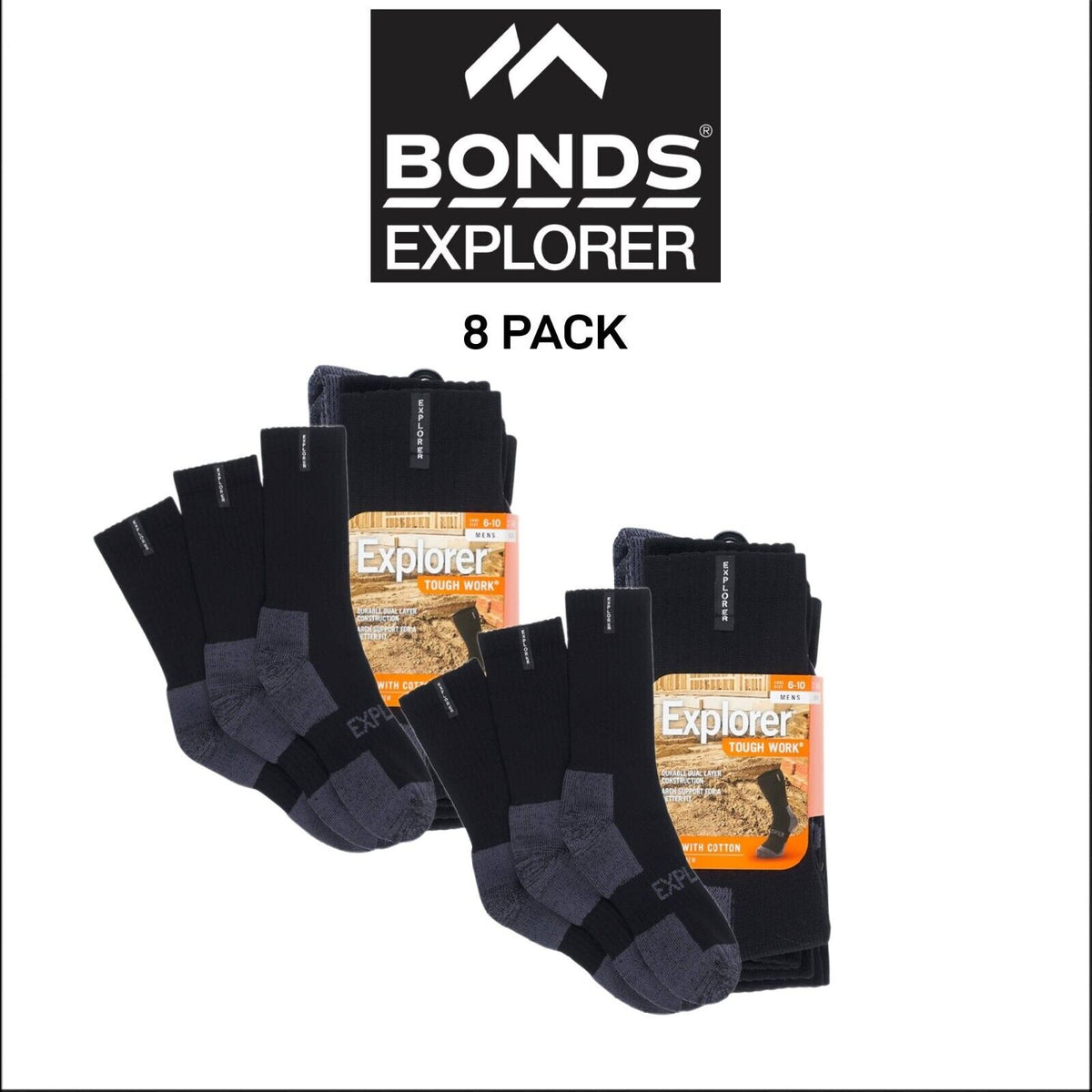 Bonds Mens Explorer Tough Work Breathable Cotton Sock 8 Pack SYNJ2N