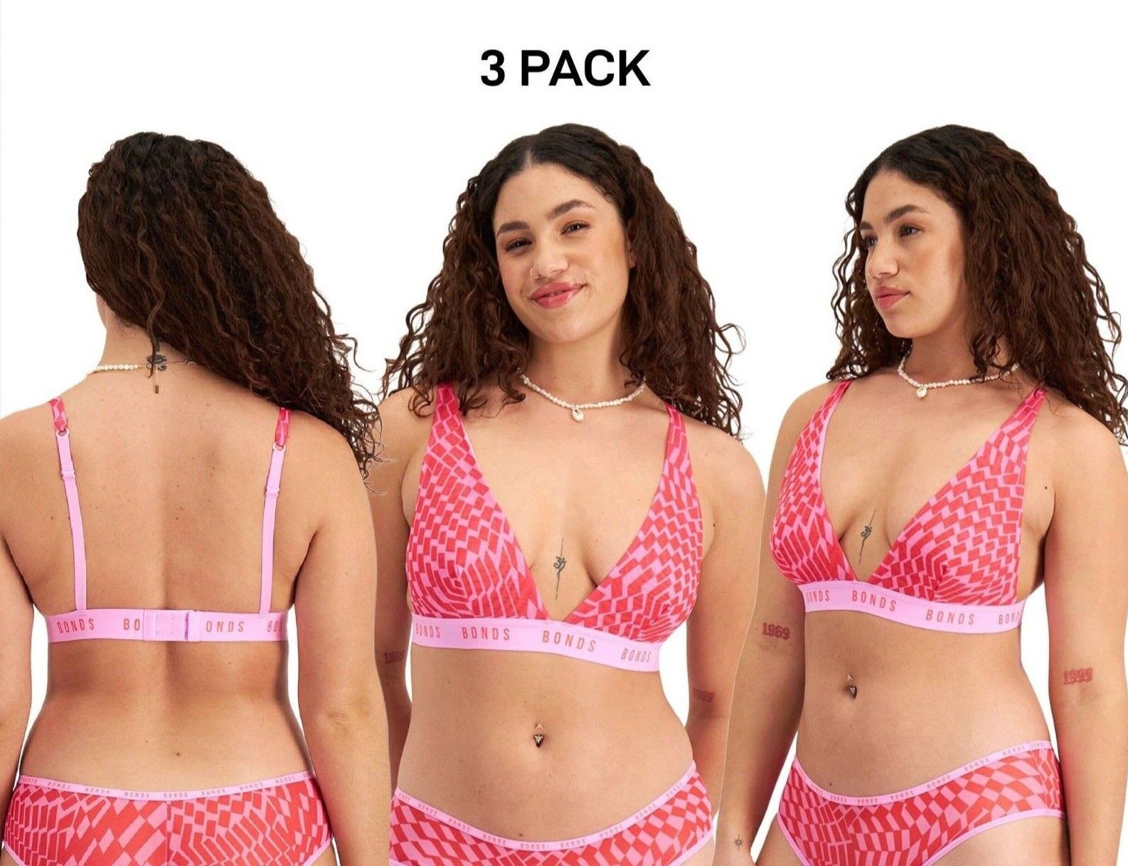 Bonds Womens Icons Mesh Deep V Crop Bra Comfortable Adjustable Strap 3 Pack WR9G