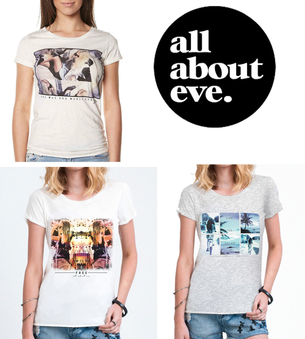 All About Eve Womens Photo Graphic T-Shirt Print Tee Aussie Brand RRP $39.95