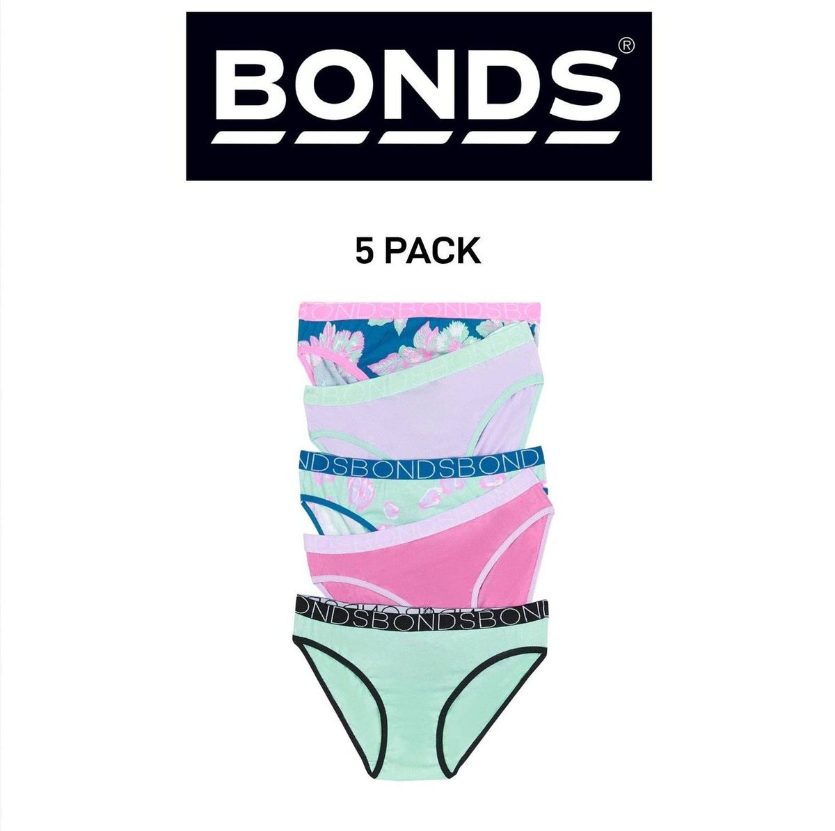 Bonds Girls Bikini Soft and Stretchy Fit Perfect Everyday Coverage 5 Pack UWNV5A