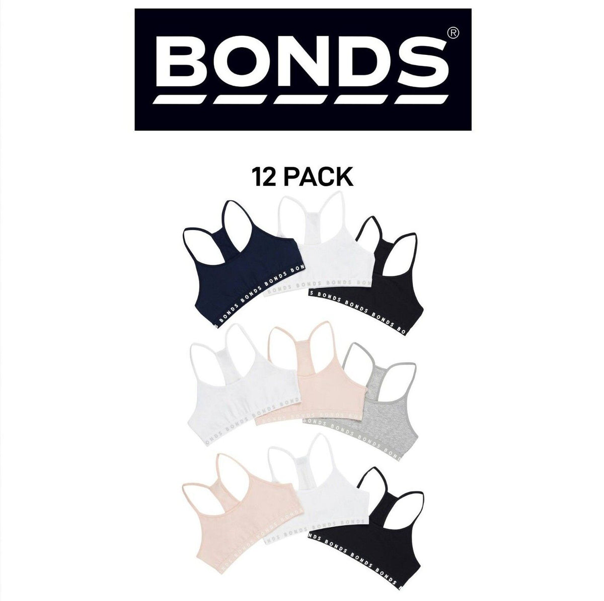 Bonds Girl Hipster Racer Crop Non-Slip Strap Racerback Shape Bra 12 Pack UWPT3A