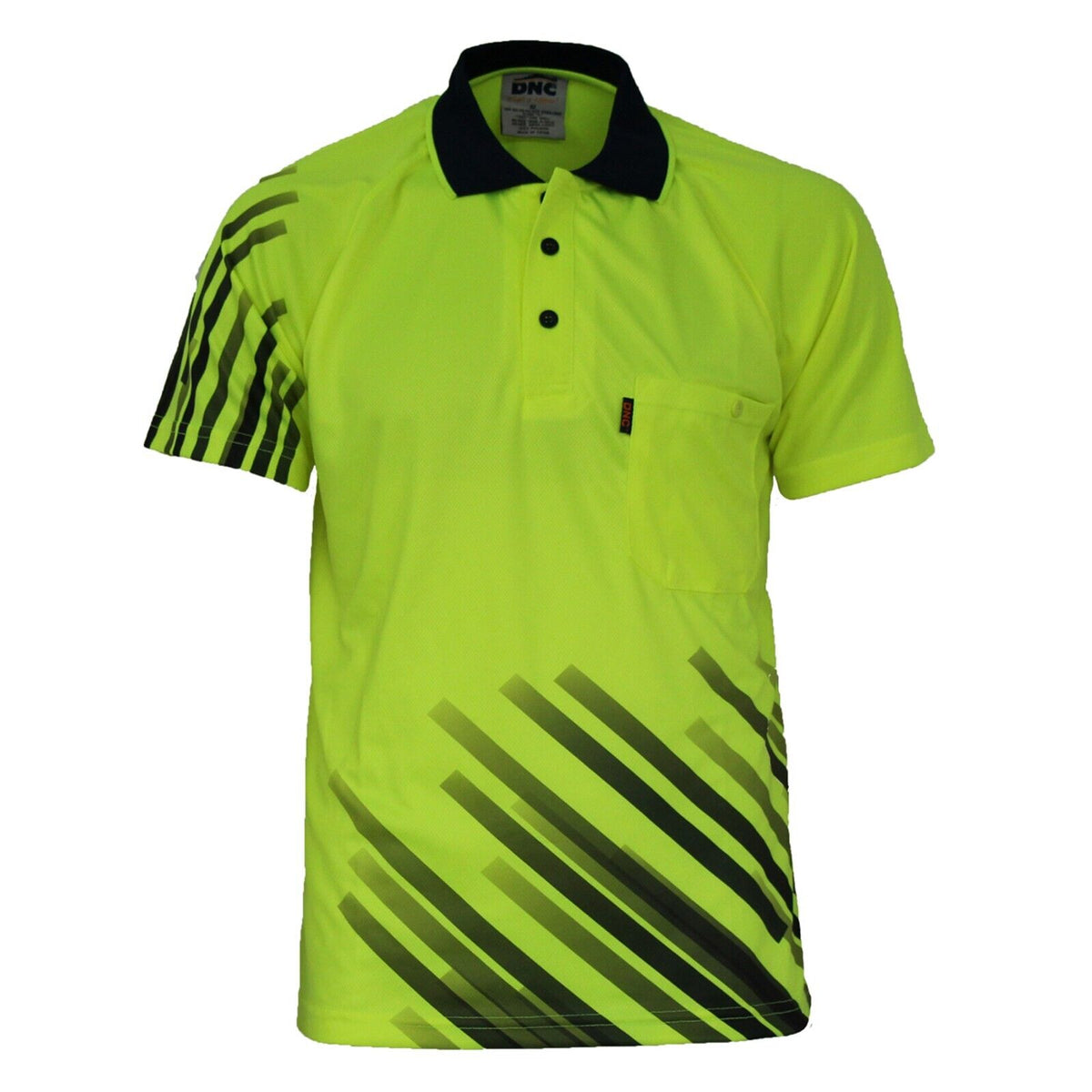 DNC Mens Hivis Sublimated Stripe Workwear Safety Pockets Button Polo 3565