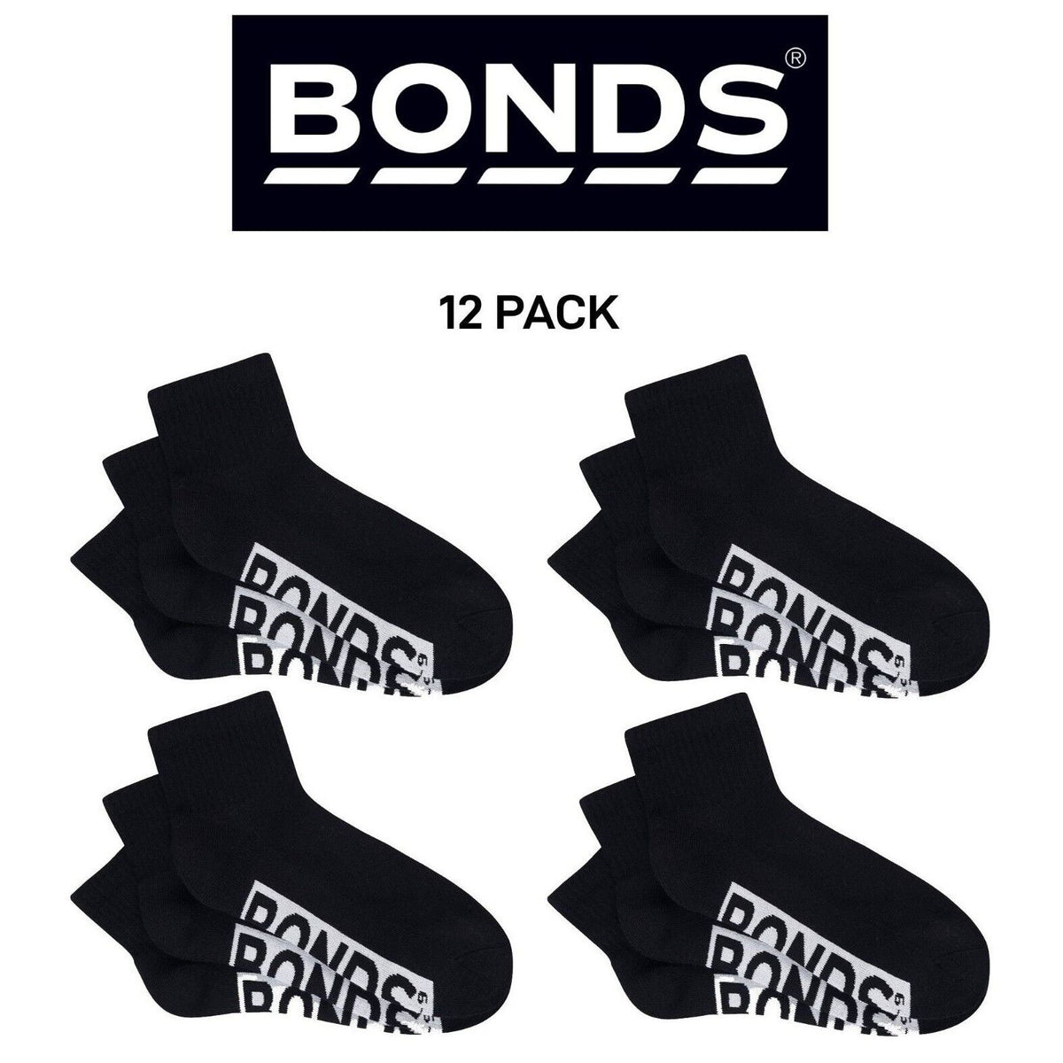 Bonds Mens Logo Cushioned Quarter Crew Socks Smooth Toe Seams 12 Pack SXN93N