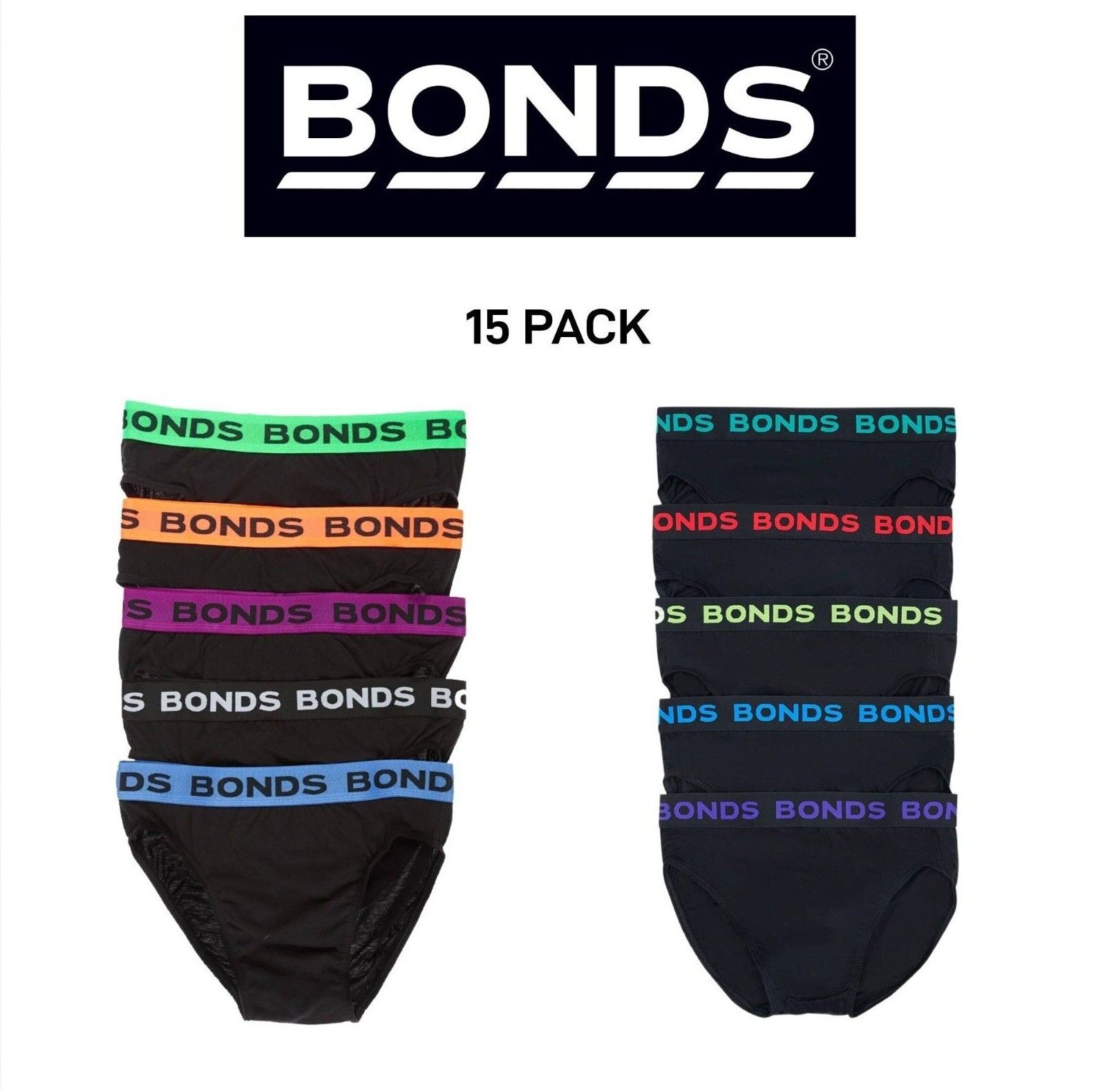 Bonds Mens Hipster Brief Super Soft Branded Elastic Waistband 15 Pack M8DMTX