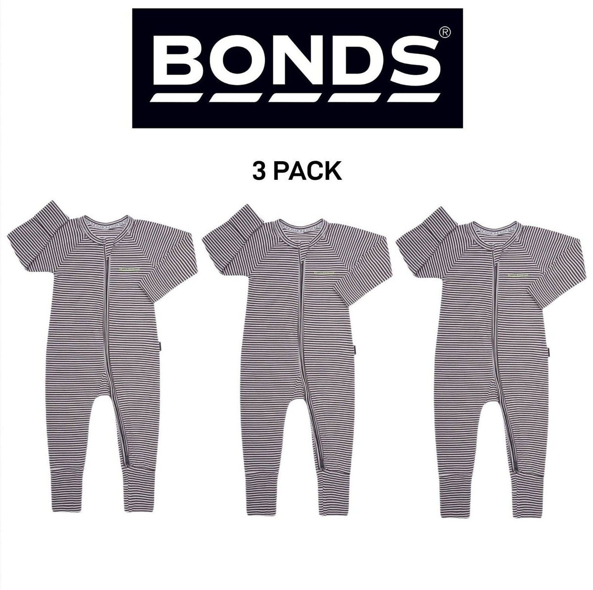 Bonds Baby Wondersuit Two-way Zip Soft Cosy & Stretchable Fabric 3 Pack BZDYM