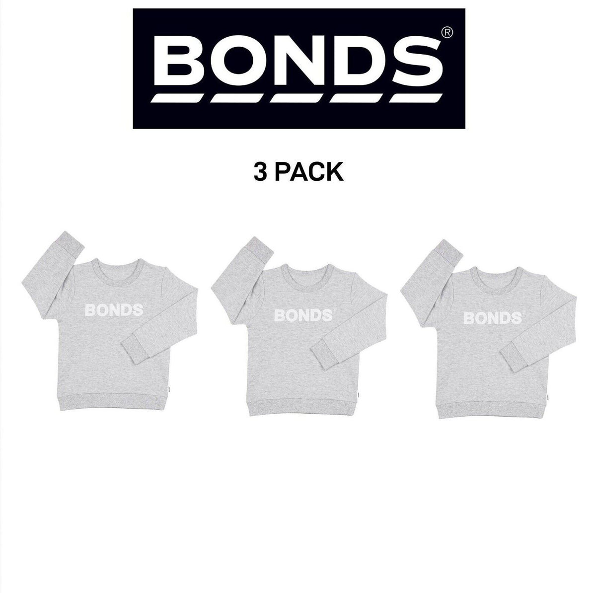 Bonds Kids Tech Sweats Pullover Soft Knitted Warm Cotton Poly Blend 3 Pack KVQTK