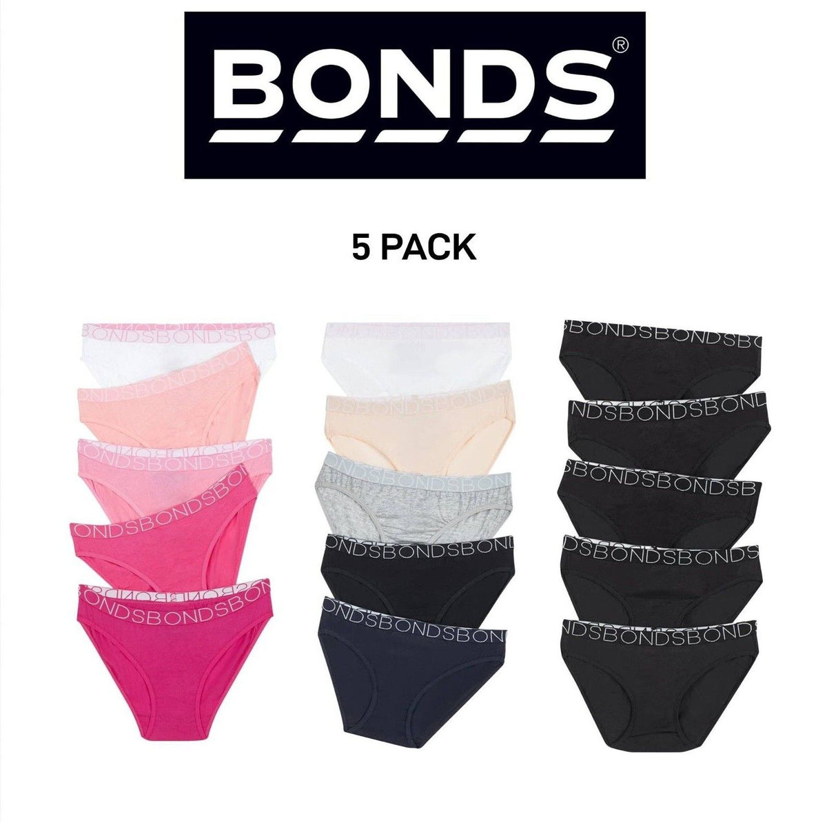 Bonds Girls Bikini Comfy Flexible Coverage Lightweight Breathable 5 Pack UWCE5A