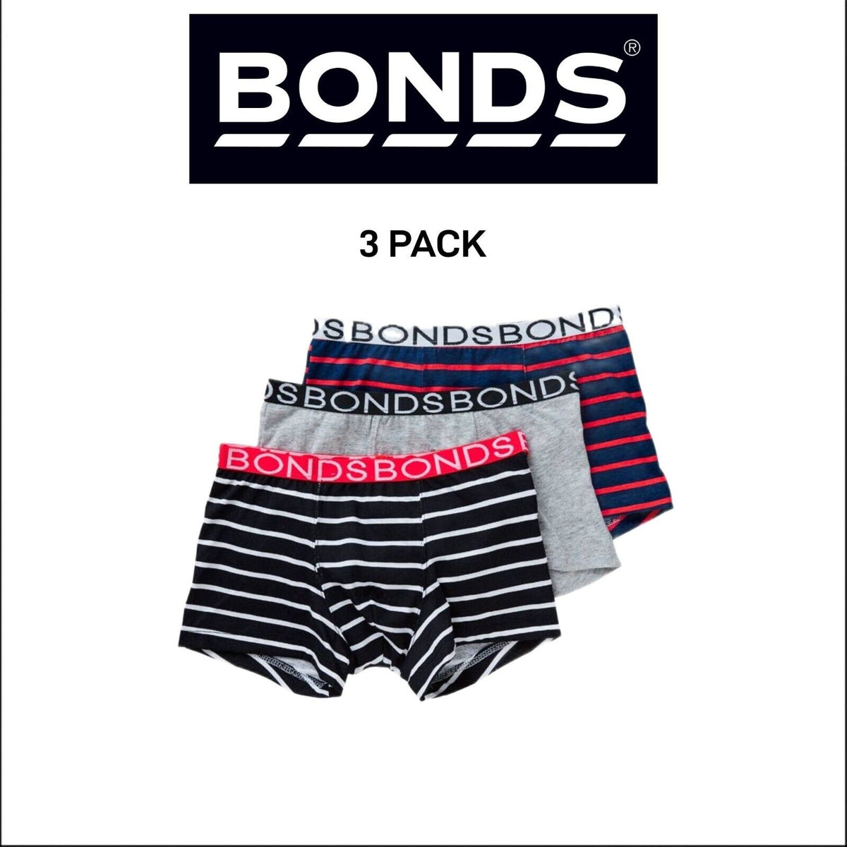 Bonds Boys Trunk Classic Branded Soft Elastic Stretch Waistband 3 Pack UXYJ3A