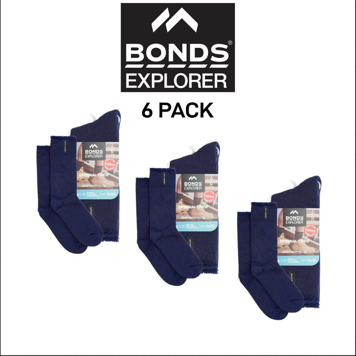 Bonds Explorer Original Wool Blend Crew Dual Layer Lightweight 6 Pack Sock S1138