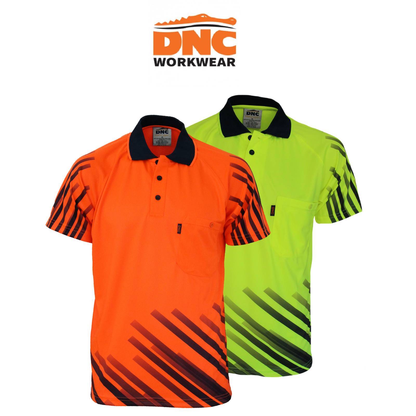DNC Mens HiVis Sublimated Full Stripe Workwear Safety Button Polo 3566