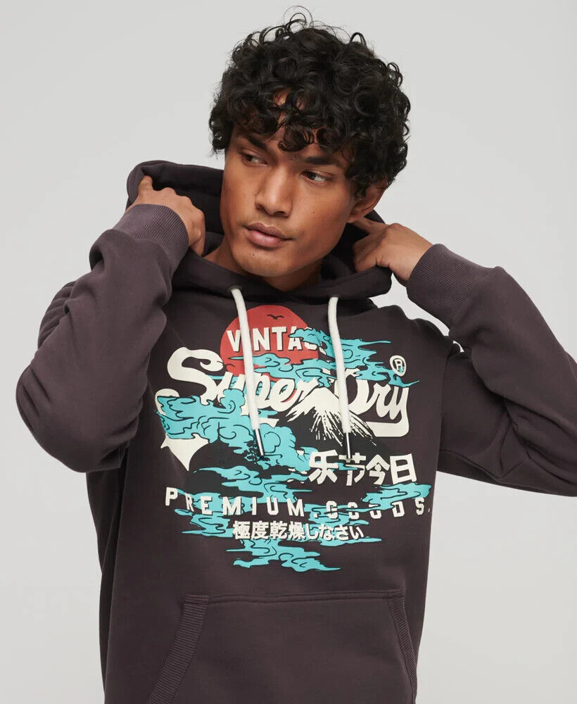 Superdry Mens Japanese Vintage Casual Comfy Logo Patch Graphic Hoodie SM32WF8Z