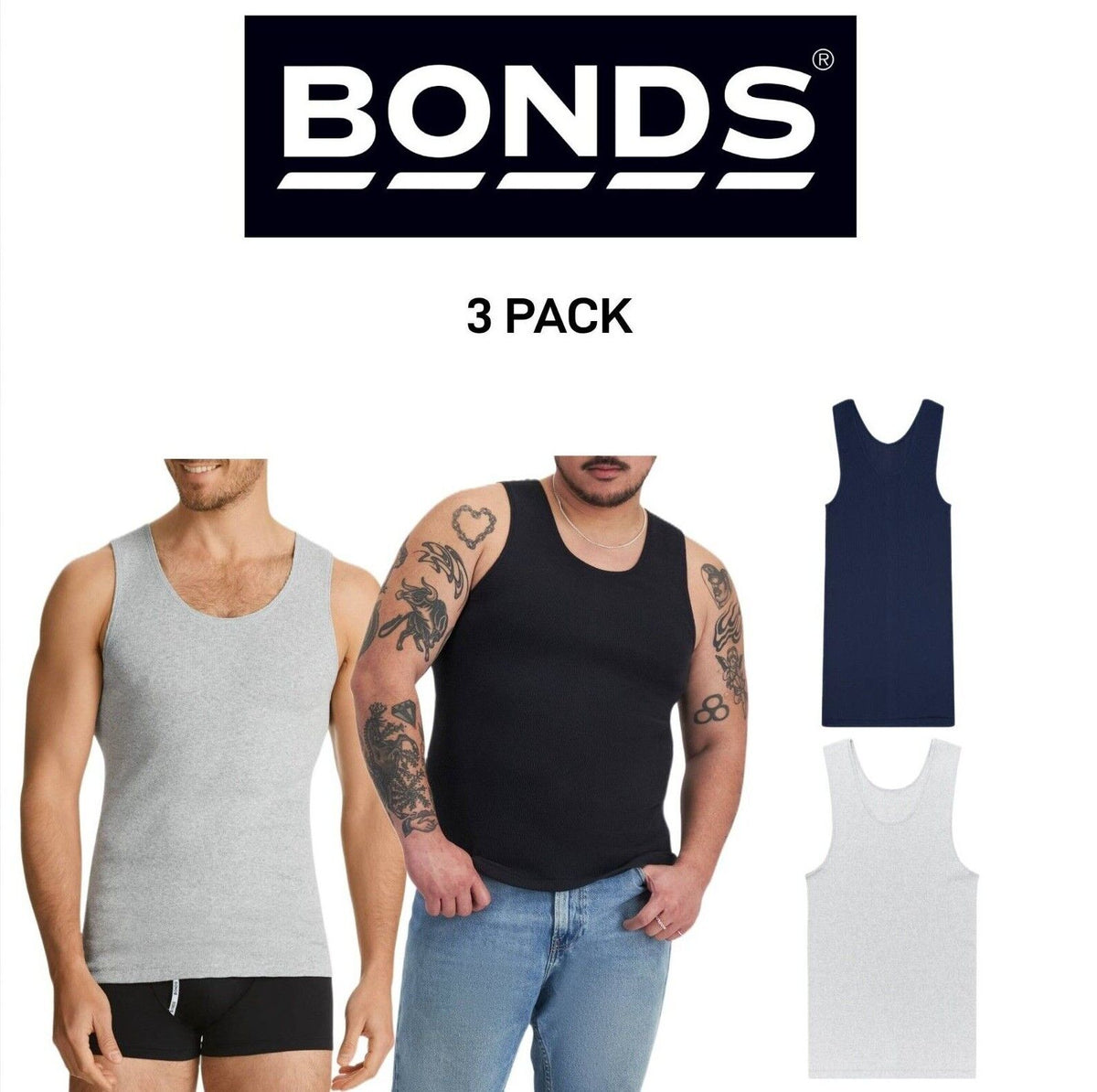 Bonds Mens Chesty Cotton Singlets Underwear Singlet Ribbed Cotton 3 Pack M757P