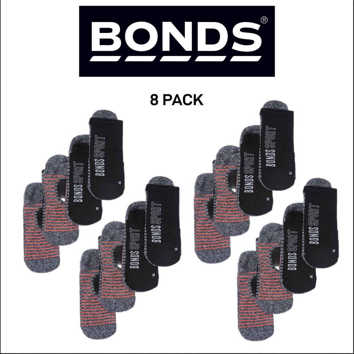 Bonds Mens Sport Tech No Show Sock Cushioned Shock-Absorbing Sole 8 Pack SYCK2N