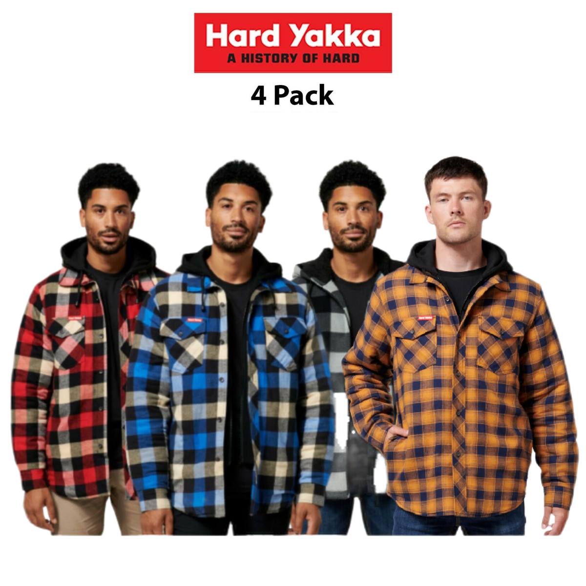 Hard Yakka Mens 4 Pack Quilted Shacket Winter Thick Fleece Hoodie Jacket Y06690