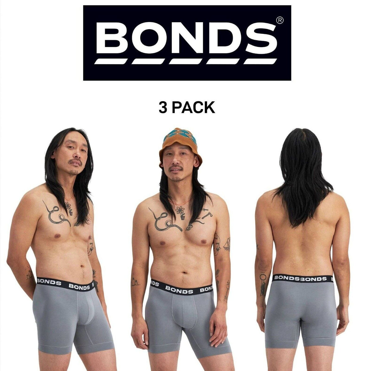 Bonds Mens Total Package Mid Trunk Smooth Viscose Bamboo Mid Length 3 Pack MWA9