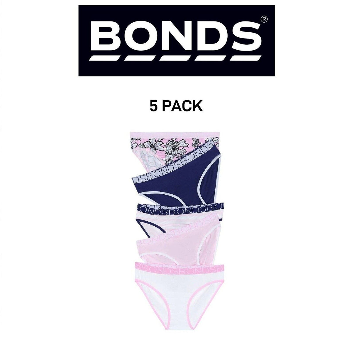 Bonds Girls Bikini Soft and Stretchy Fit Perfect Everyday Coverage 5 Pack UWNV5A