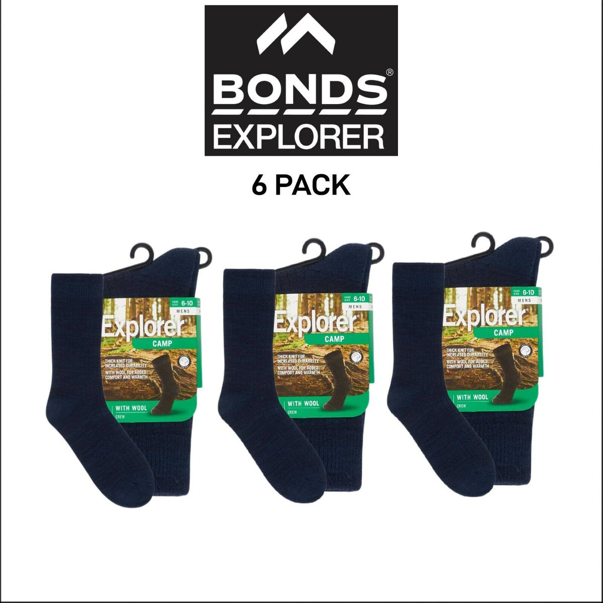 Bonds Explorer Camp Wool Crew Soft Cushioned Durable Sock 6 Pack SYQE1N