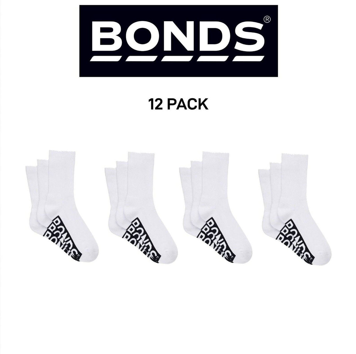 Bonds Mens Logo Cushioned Crew Socks Extra Comfort Smooth Seams 12 Pack SXMW3N