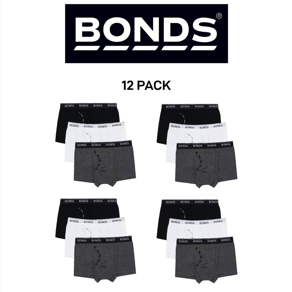 Bonds Mens Guyfront Trunk Stretchy Cotton Seam free Sides Elastic 12 Pack MZ963A