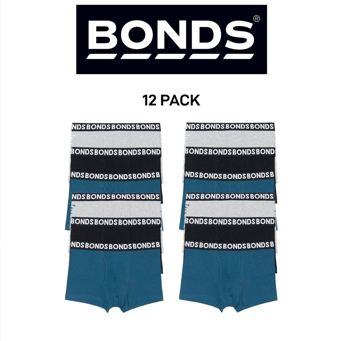 Bonds Mens Everyday Trunk Stretchable Soft Waistband Underwear 12 Pack MWPY3A