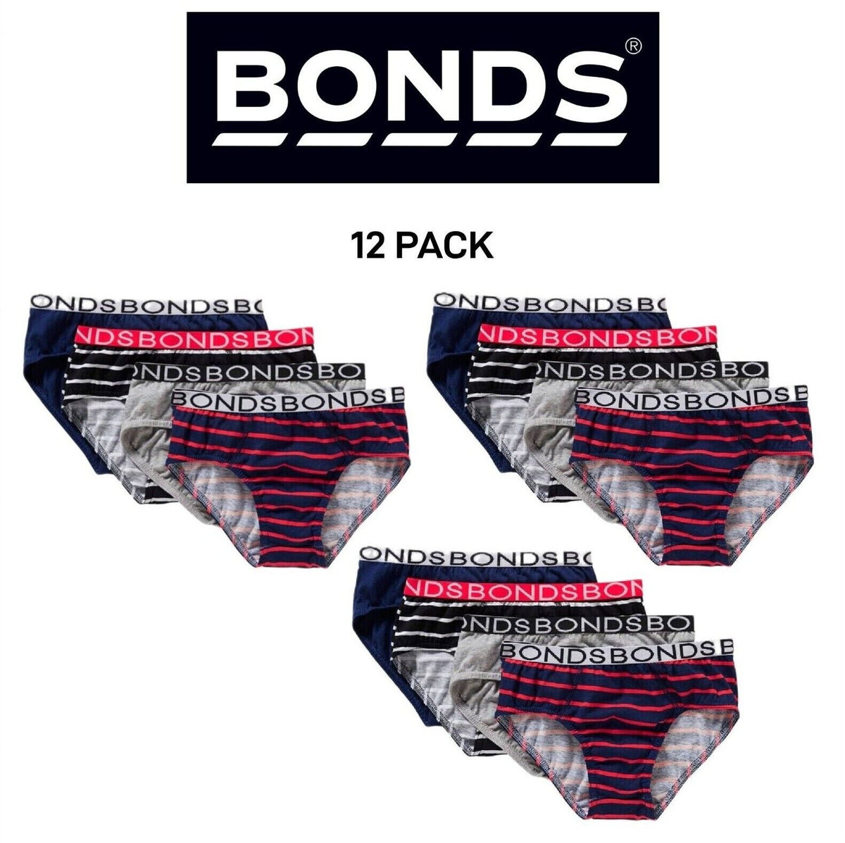 Bonds Boys Brief Comfortable Coverage Elastic Branded Waistband 12 Pack UXYK4A