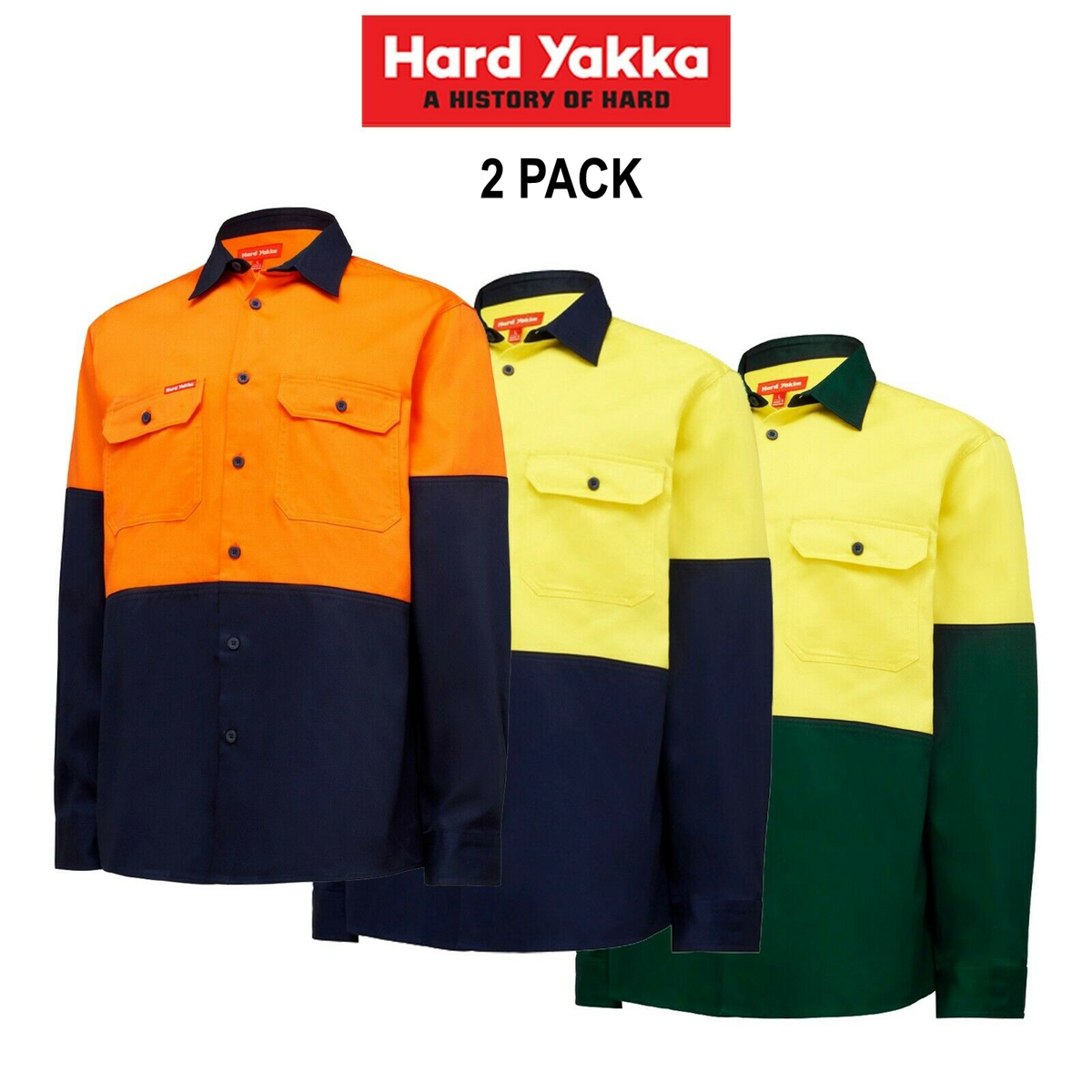 Hard Yakka 2 Pack Hi-Vis Work Shirt Strong Tough Farm Cotton Drill L/S Y04605