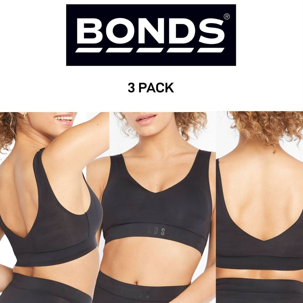 Bonds Womens Invisi Crop V-Neck Style Bra Sleek & Lightweight Comfy 3 Pack YX7N