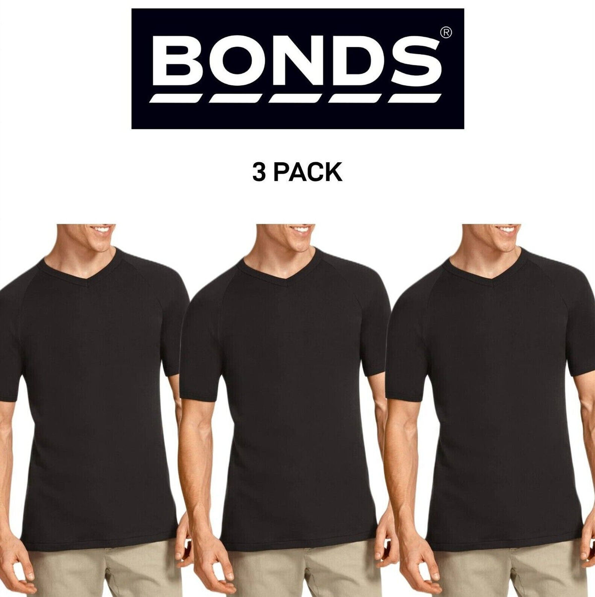 Bonds Mens Genuine V-Neck Raglan Tee Seamfree Sleeve in Smaller Size 3 Pack M976