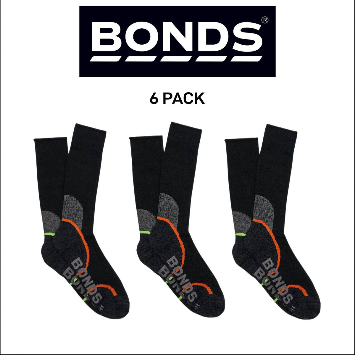 Bonds Mens Acrylic Work Socks Ultimate Comfort Crew Black High 6 Pack S8697D