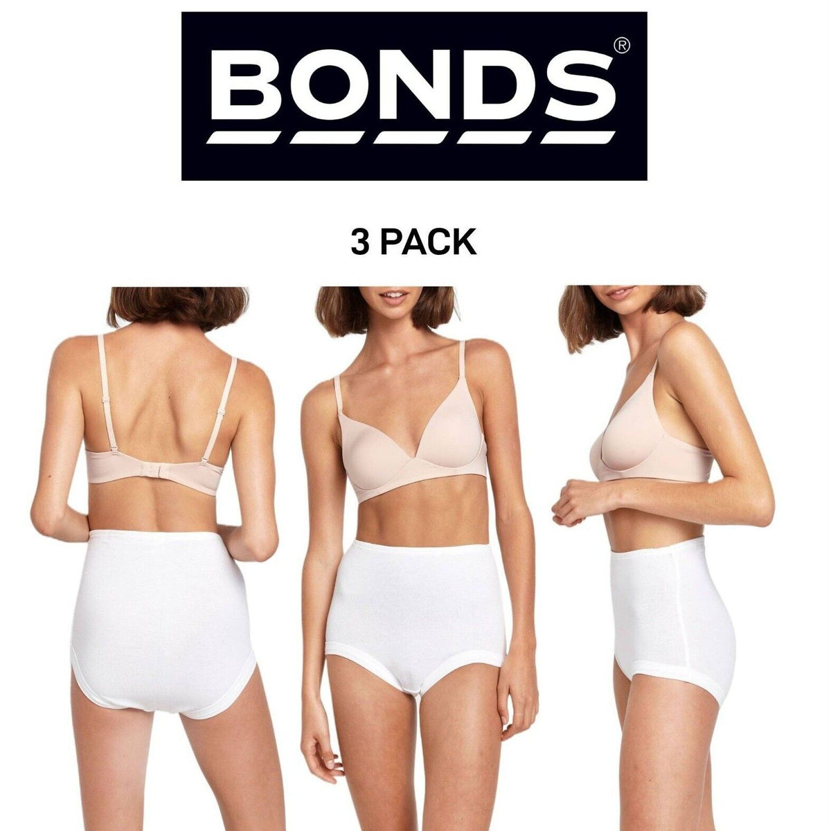 Bonds Womens Basic Cottontails Full Brief Silky Soft High Waist 3 Pack WW1M13