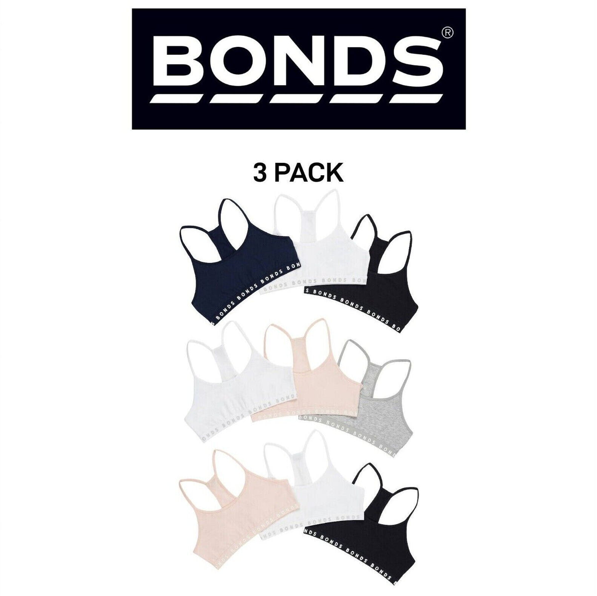 Bonds Girl Hipster Racer Crop Non-Slip Strap Racerback Shape Bra 3 Pack UWPT3A