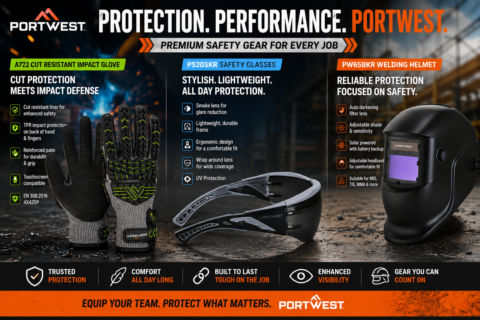 Portwest PPE Safety Gear Bundle – Impact Gloves, Safety Glasses & Welding Helmet PWSET001