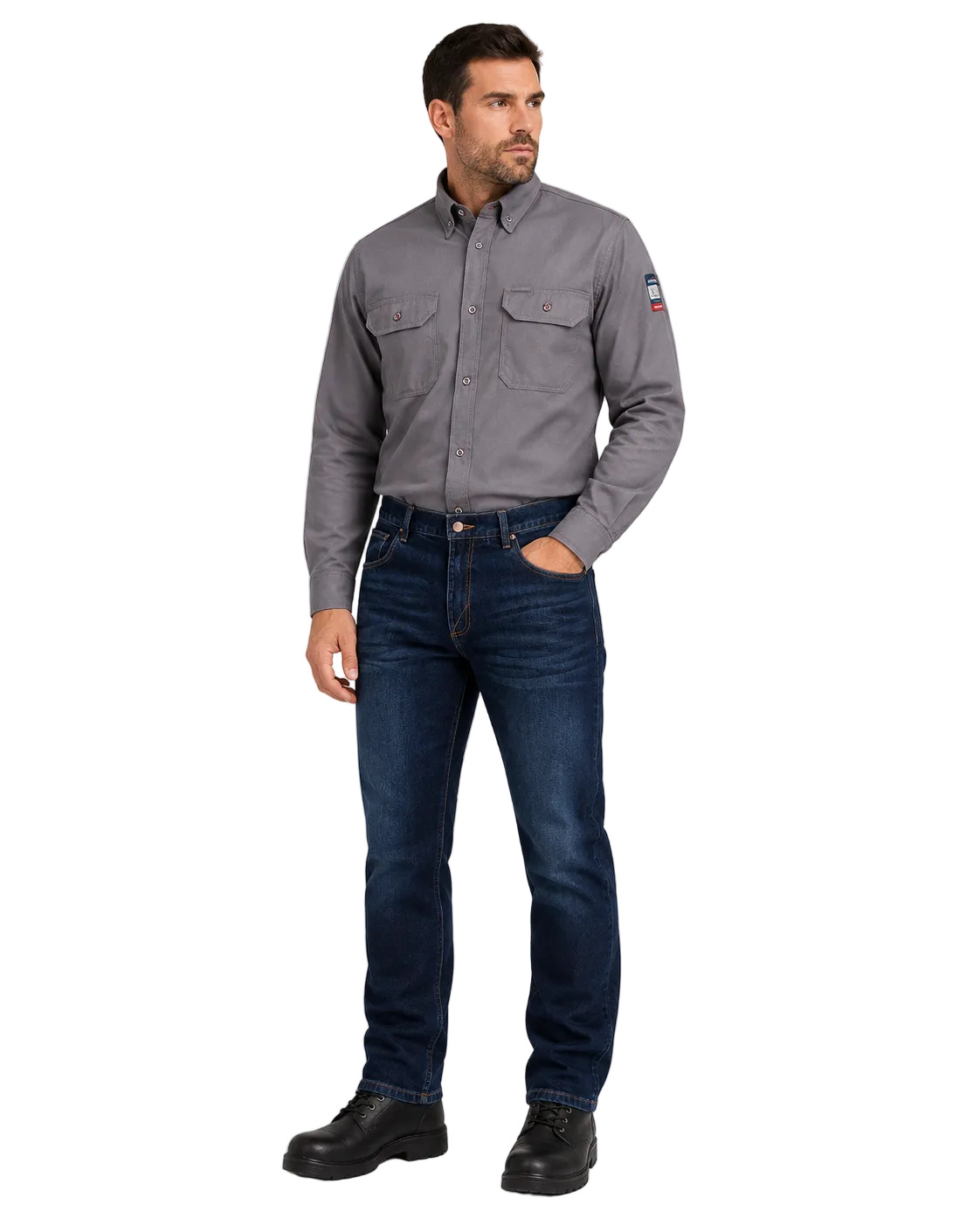 Portwest Flame Resistant Work Shirt &amp; Work Jeans Set – Grey & Dark Blue PWSET016