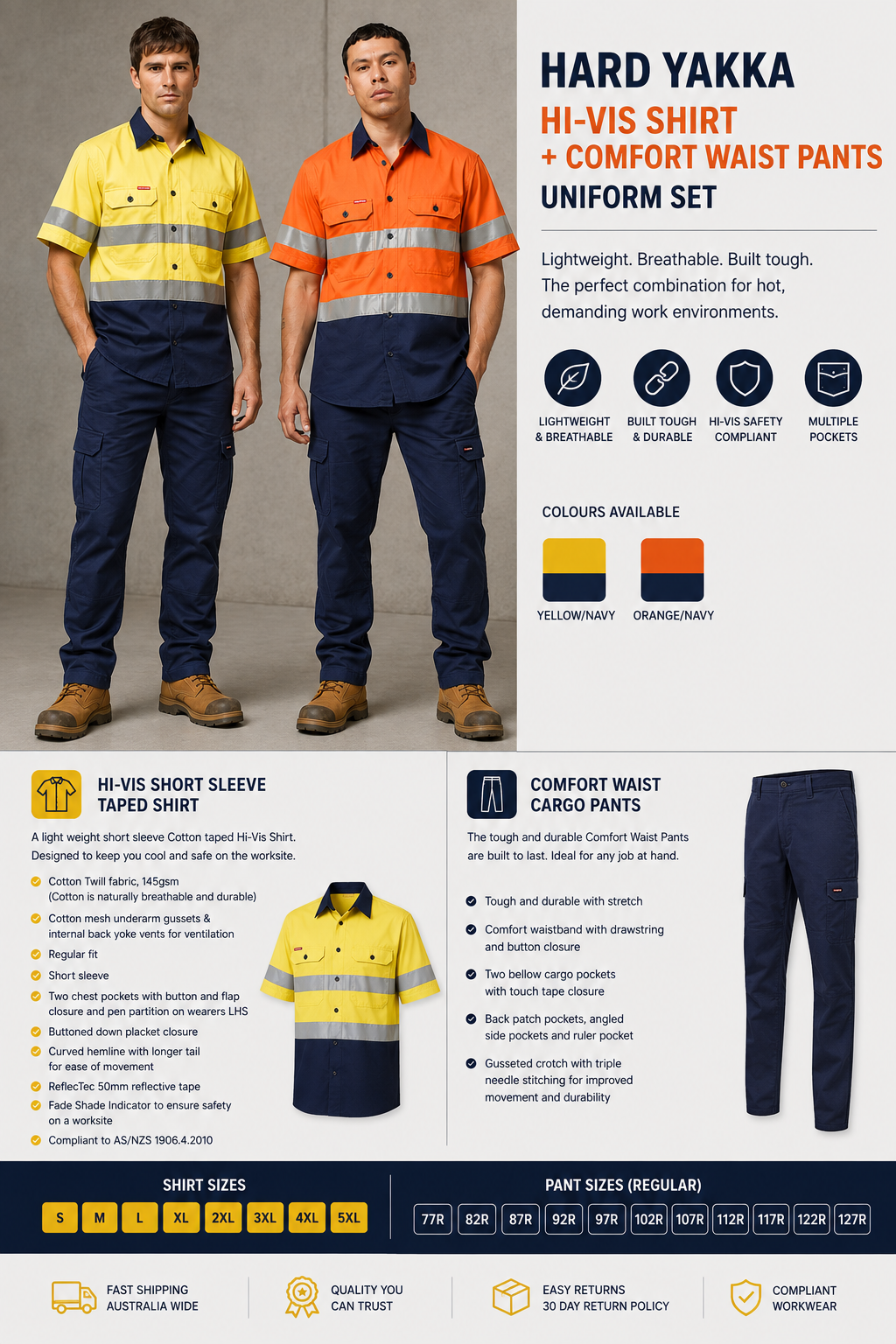 Hard Yakka Mens Hi-Vis Shirt & Comfort Waist Pants Uniform Set Workwear HYSET002